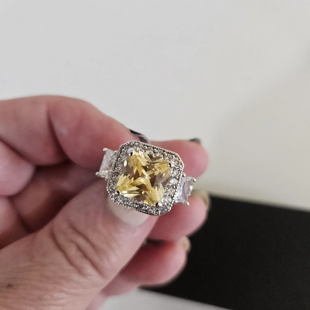 Vintage Style Canary Yellow Cushion Cut CZ Halo Ring Silver Tone Size 6